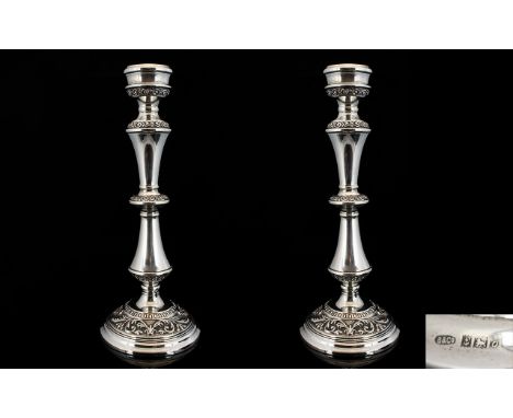 Elizabeth II Superb Quality and Attractive Pair of Celtic Style Solid Silver Candlesticks of Wonderful Form In Excellent Cond