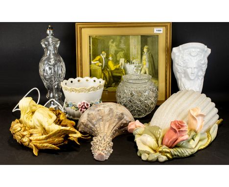 A Collection of Decorative Household Items to include a glass engraved table lamp, framed print, ceramic Italian flower pot, 