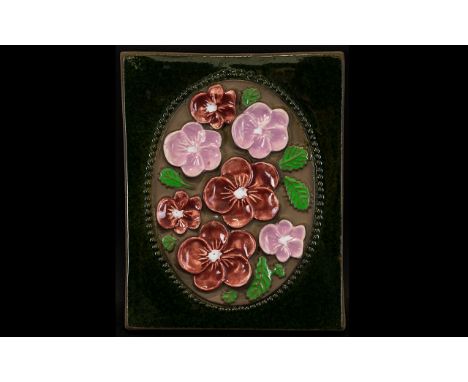 Jiegantofta Sweden Ceramic Wall Hanging Plaque Large earthenware tile with raised floral design of violets with beaded border