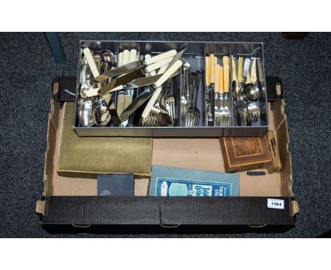 Mixed Lot Of Collectables To Include Wooden Trinket Box, Boxed Sheffield Stainless Steel Table Cutlery, A Glass Block Harp Or