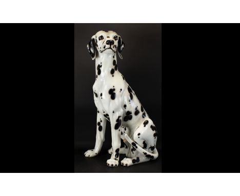 Italian - Life Size Hand Painted Realistic Ceramic Fireside Dog Figure ' Dalmation ' Seated. Period 1980's. Please See Photo.