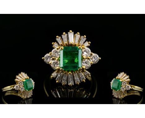 Stunning 1950's 18ct Gold Emerald and Diamond Set Ladies Cocktail Dress Ring. The Central Faceted Emerald Surrounded by Taper