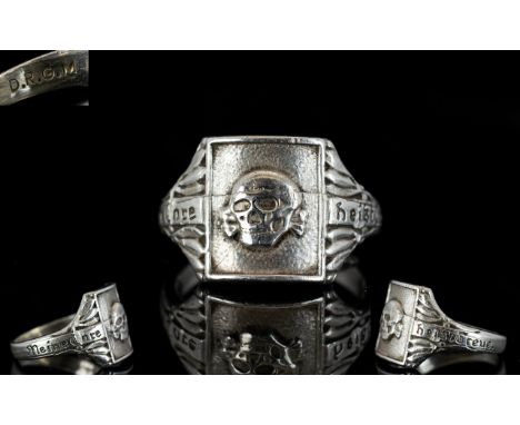 WWII Interest German Silver SS Signet Ring Silver ring with scull and crossbones to centre and foliate shoulders with German 