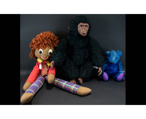 A Small Collection Of Vintage Soft Toys To include elongated ragdoll with plaid trousers and red jacket, plush chimpanzee toy