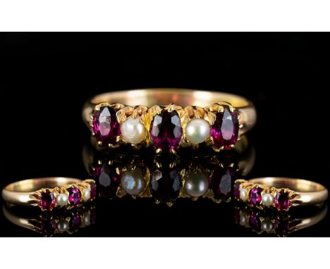 Victorian Period - Gallery Set 18ct Gold Five Stone Ruby and Pearl Set Dress Ring with Excellent Rubies ( 3 ) Not Marked but 