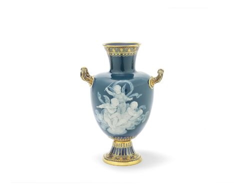 A Minton pâte-sur-pâte twin-handled vase by Alboin Birks, dated 1898Of classical form with twin handles picked out in gold, f