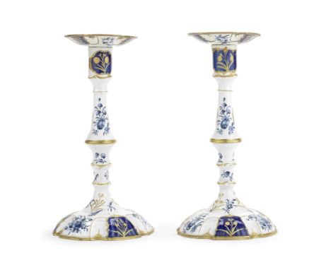 A pair of South Staffordshire enamel candlesticks, circa 1770Made in two sections and with gilt metal mounts, the feet and dr