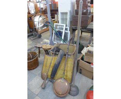 An architectural print on board, a copper warming pan, a hunting horn, etc. 