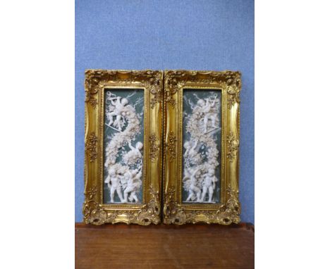 A pair of R. Wilson high relief plaques, classical cherub scenes, framed 