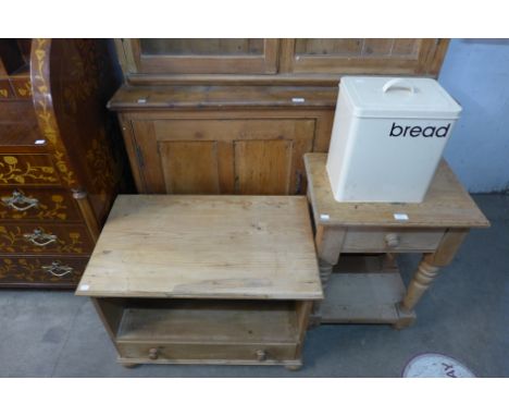 A pine TV stand, a pine lamp table, a painted metal bread bin and a galvanised watering can 