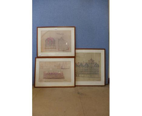 Three Watson &amp; Fothergill architectural plans of Jessop &amp; Son, King Street shop premises in Nottingham, framed 