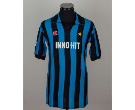 Gabriele Oriali blue and black No.4 Inter Milan short-sleeved shirt, 1981-82, Mec Sport, 6, with v-neck collar and embroidere