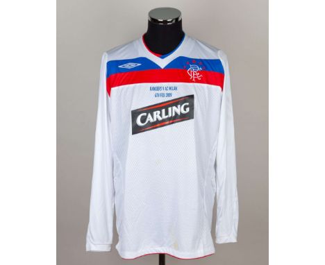 Kyle Lafferty white, red and blue No.27 Rangers v. A.C. Milan match worn long-sleeved shirt, 2009, Umbro, XL, with v-neck col