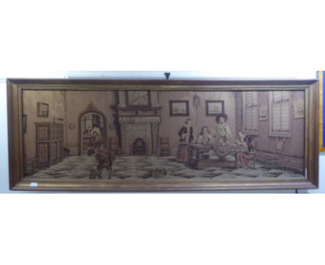 A 20thC machine made 18thC inspired tapestry, a period interior scene&nbsp; 21" x 68"&nbsp; framed 