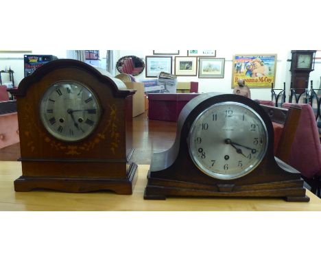 An Edwardian mahogany cased John Elkan Ltd mantel clock, faced by a Roman dial&nbsp; 11"h; and a 1930s example by Walker &amp