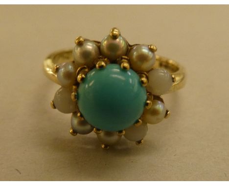 A 9ct gold cluster ring, set with turquoise and seed pearls&nbsp; 