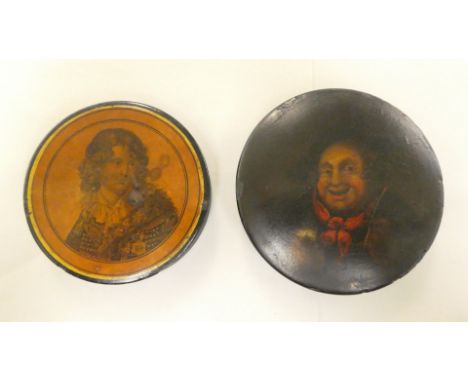 Two Victorian papier mache snuff boxes, each decorated with a portrait&nbsp; 4"dia 