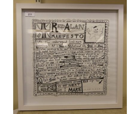 After Grayson Perry - 'Red Alan Manifesto'&nbsp; print on napkin&nbsp; 13" x 13"&nbsp; framed &amp; glazed