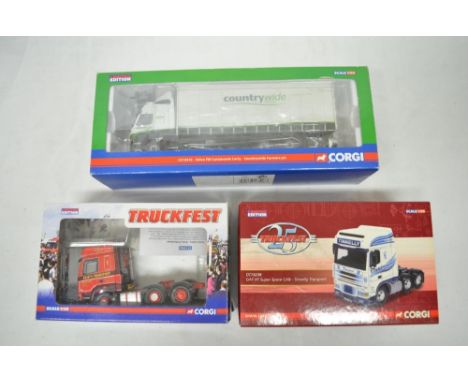 Three Corgi ltd. ed. trucks and truck cabs including a de-certificated Volvo FM Curtainside lorry countrywide famers PLC and 