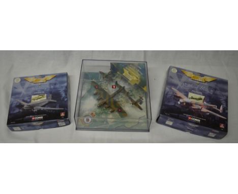 Corgi Aviation Archive models, all 1:144 scale, Battle of Britain memorial flight, Lancaster, Spitfire and Hurricane, in case