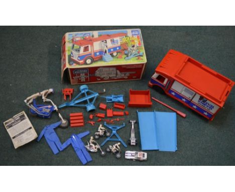 Boxed vintage 1973 Ideal Evel Knievel scramble van set, five other smaller scale models relating to Evel Knievel (one hinge d