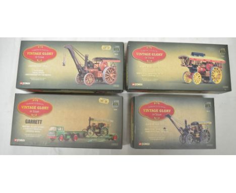 Four boxed Corgi diecast steam models including Fowler BG crane engine, Bedford TK low-loader and Garrett tractor Princess Ro