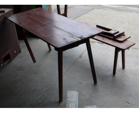 Quality vintage mahogany campaign table (L135cm W25cm H43cm) and two benches with fold away legs and fold away table top, eac