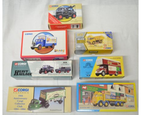 Seven boxed ltd. ed. Corgi Classics diecast models, various vintage trucks and vehicles including Scammell, highway men, Cran