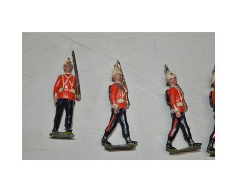 27 vintage Britain’s/Johillco light infantry figures and separate flag bearer (a/f).&nbsp;Flag bearer a/f, soldiers in fair c