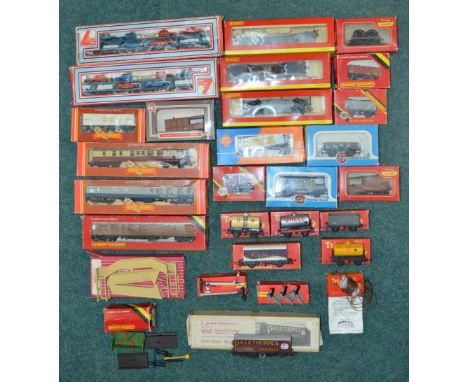 Collection of railway OO gauge wagons and accessories including Lima, Motorail car transporters, BR Mark 3 buffet car, Airfix