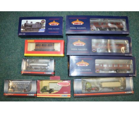 Collection of new HO OO guage carriages, a bachmann 3F Fowler ginty 47629 black DCC, Br MKI open maroon, four Corgy, four 1:7