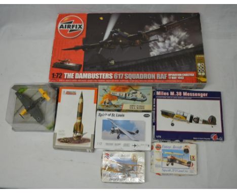 Eight items, seven plastic model kit and corgi WWII Legends Junkers JU87R-2, Airfix 1:22 617 Squadron Dambusters Diorama set,