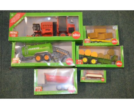 Siku 1-32 all boxed and used, sugar beat harvester, flat bed trailer, half pipe tipping trailer (6) 