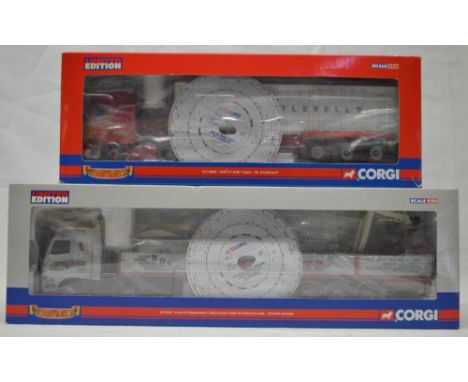 Two boxed Corgi ltd. ed. trucks, Volvo FH Globetrotter sided crane trailer with palletised load intersite haulage, Daf CF bol