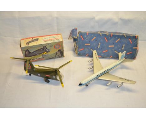 Boeing 707 Pan-AM metal model with weighted fly wheel (A/F) with box, Louis Marx &amp; Co. mechanical army air transport heli