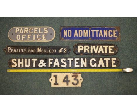 Various cast iron painted signs, some railway, including Parcel Office, Shut and Fasten Gate, etc (6) 