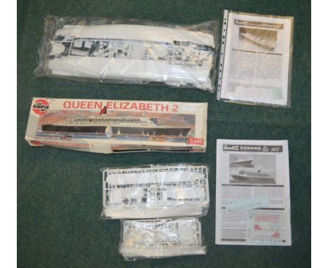 Three factory sealed small scale model ships of QEII, Revell Queen Mary, Revell Cunard set (3) 