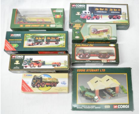Seven boxed Corgi Eddie Stobart diecast models of trucks and ready to cut self assembly model transport depot, all as new (7)