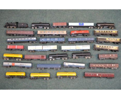 Collection of used Hornby Ho OO gauge wagons, freight wagons, passenger wagons, arifix small steam engine with tender, goods 