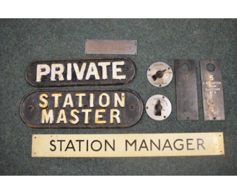 Cast iron Station Master and Private railway signs, painted Station Manager sign, yard lighting switch, non operational light