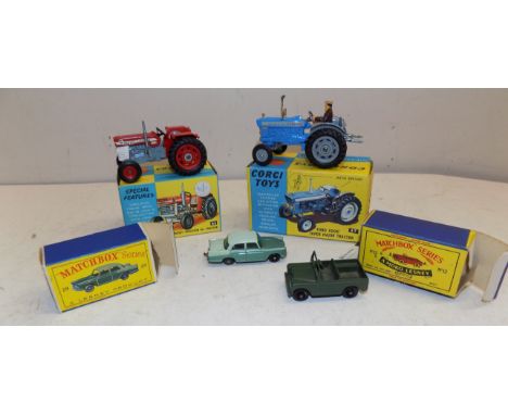 Corgi:- 66 Massey Ferguson tractor, 67 Ford tractor, Matchbox 12 Land Rover and 29 Austin 755, each boxed.