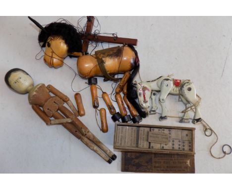 A Lesney Muffin The Mule, a string puppet of a mule, a Peg doll and a set of wood Mackintosh's dominoes.