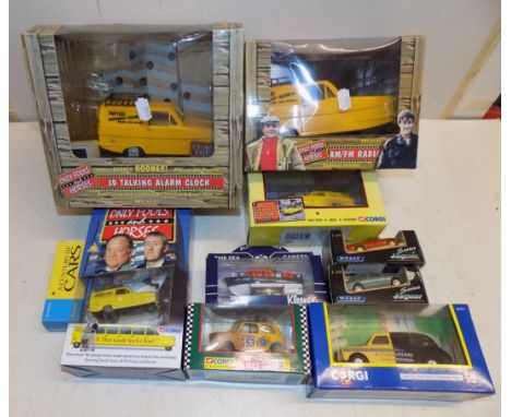 Four Only Fools and Horses vehicles including an alarm clock, together with other Die-cast.