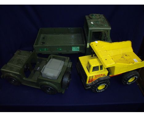 Tonka tip-up truck, a large Action Man style military truck and jeep (3)