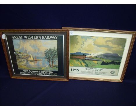 Two framed and mounted reproduction railway advertising prints for 'LMS The Coronation Scot and 'Great Western Railway The Co