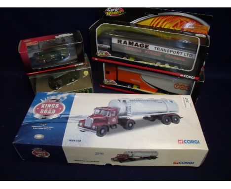 Boxed Corgi King of the Roads Scammell Highwayman tanker, two Corgi Wheelz goods wagons and two boxed Corgi Post Office telep