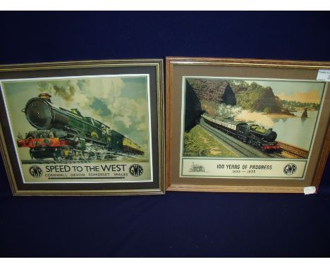Two framed and mounted reproduction railway carriage/adverting style prints including '100 Year of Progress GWR' and 'GWR Spe