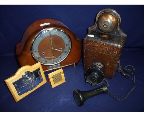 Mahogany cased presentation mantle clock with plaque for British Railways H Bull and Appreciation of 45 years service, a plaq