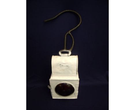 LNEE train splitter lamp GER pattern in white painted finish with large loop hanging bracket with bullseye glasses 
