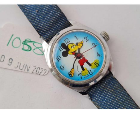 A novelty stainless steel mickey mouse faced wrist watch with seconds sweep W/O 